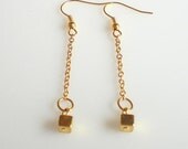 Long Gold Geometric Drop Earrings , Delicate Chain and Symmetrical Cube