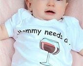 FUNNY BABY ONESIE, Mommy Needs a Glass of Wine, Martini, Beer, Unisex Short Sleeve, Free Gift Wrap