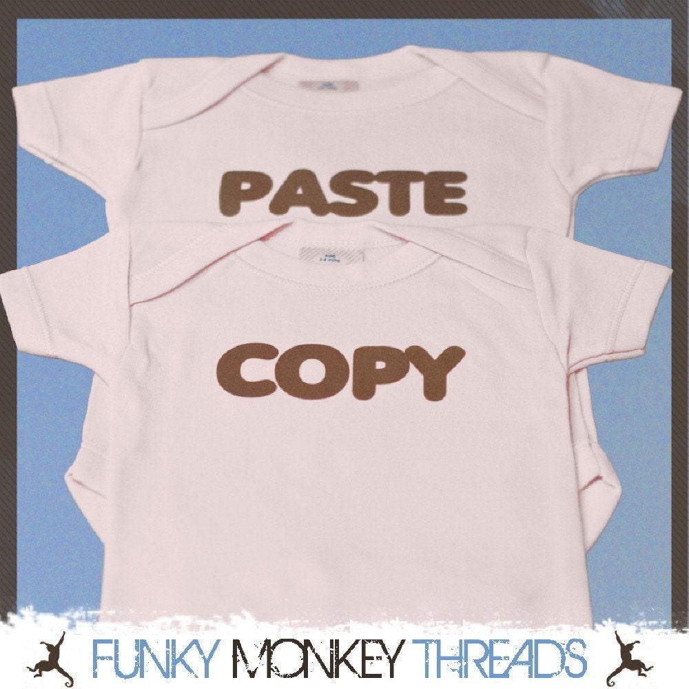 FUNNY TWIN SET Copy Paste Baby Onesie Boy Girl, Pink or Blue, Great for Computer Geeks, Free Gift Wrap