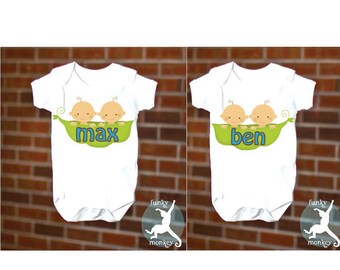 FUNNY TWIN SET 2 Peas in a Pod Baby Onesie Boy Girl Identical Boys, Short Sleeve, Free Gift Wrap