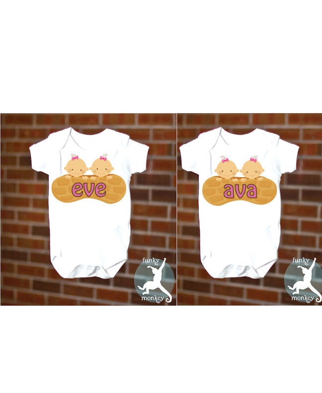FUNNY TWIN SET 2 Peanuts in a Shell Baby Onesie Boy Girl Identical Girls, Short Sleeve, Free Gift Wrap