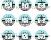 collage sheet I've been Framed Swirly monogram.1 inch circle, Black and White Damask, Blue , alphabet