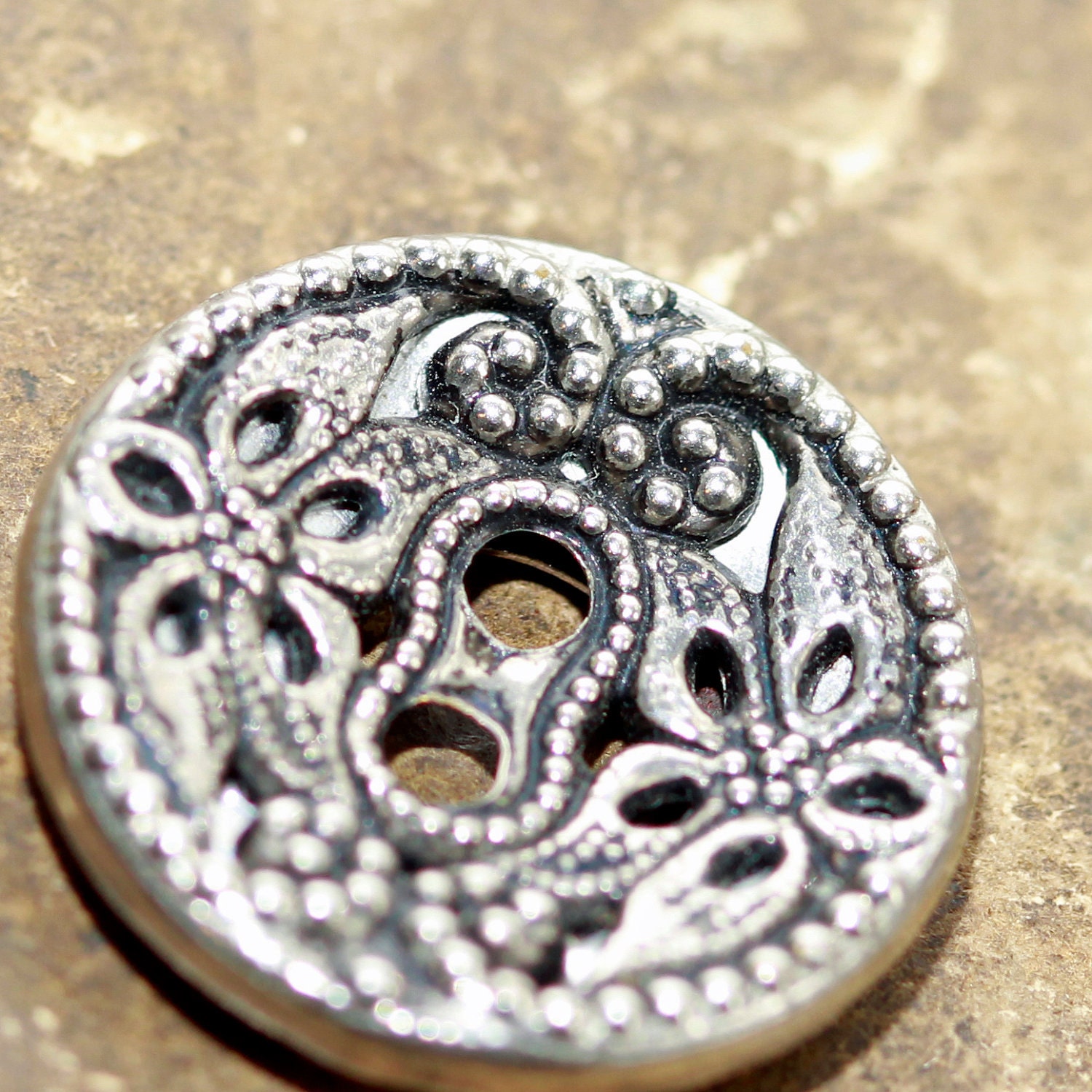 Antique Pewter Metallic Two Part Twinkle Button - Carved - Two Hole - Collectible (1)