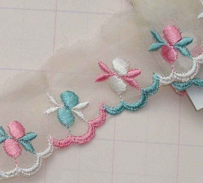 Vintage Trim Organza Trim with Pink Blue and White Flowers