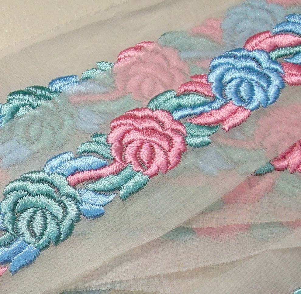 Vintage Trim Organza Trim Lush Embroidered Trim Pink Blue and Green