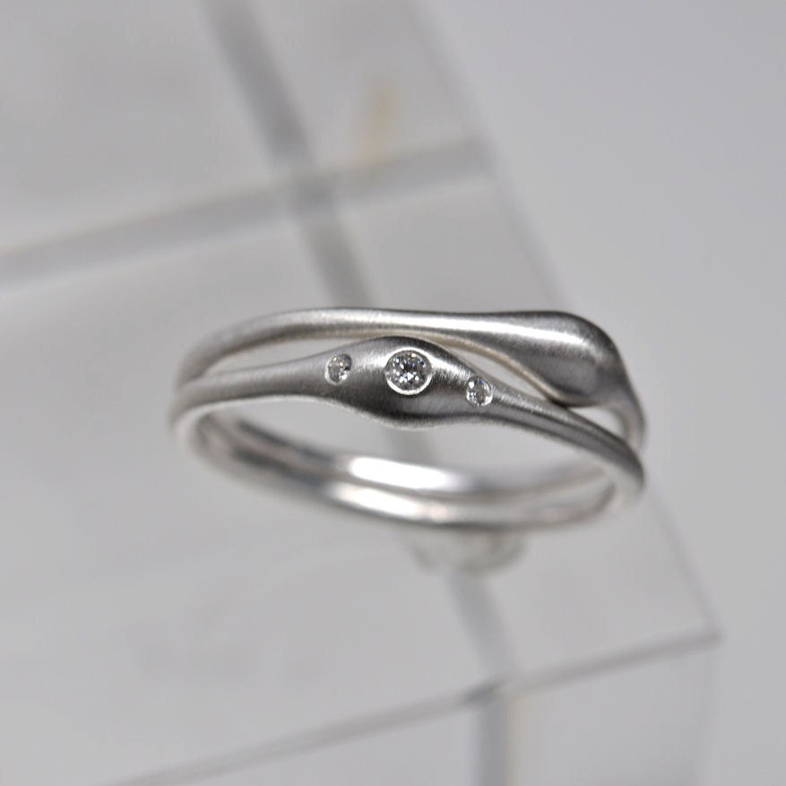 Wave ring pair - sterling silver & diamond rings
