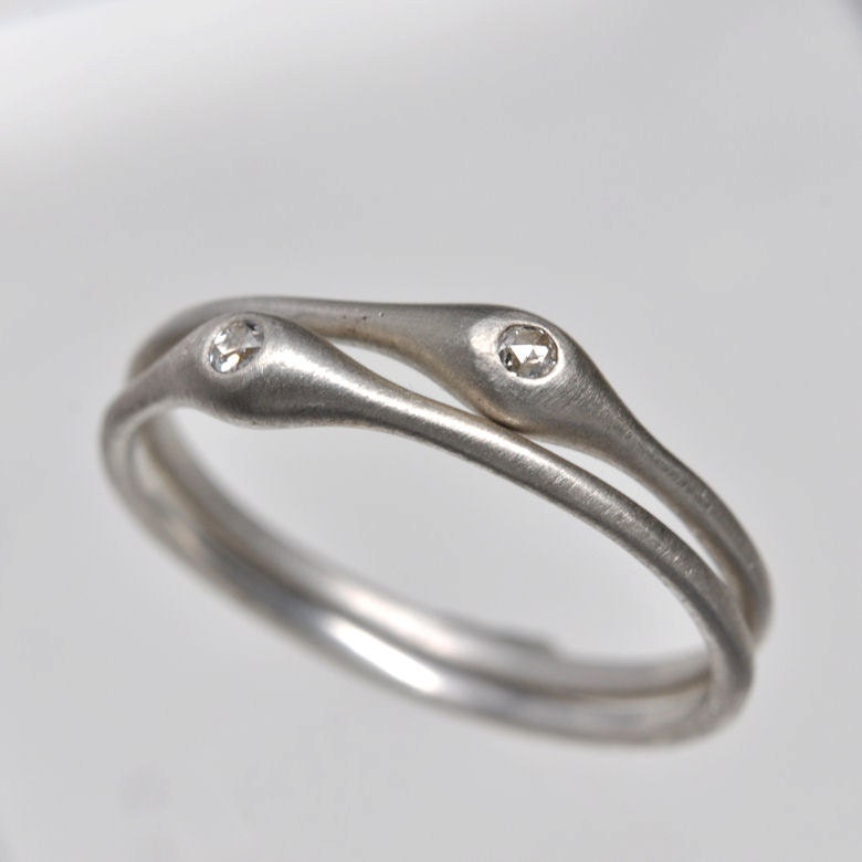 twin wave rings - sterling silver with rose cut diamond - stacking ring set