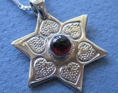 Silver Jewish Star with hearts and Garnet Necklace