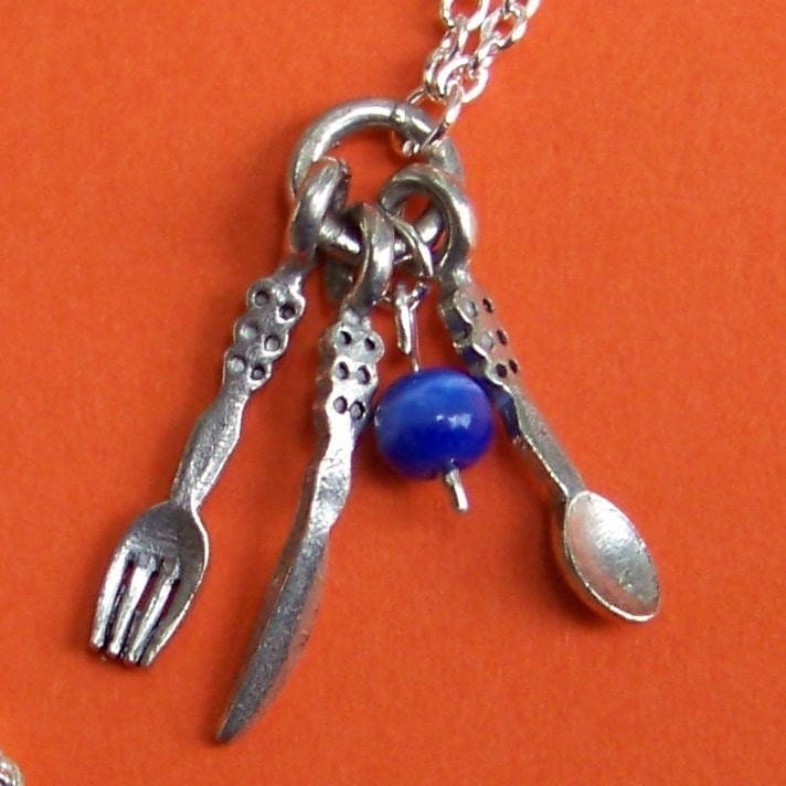 I Love to Eat Charm Necklace - with tiny fork spoon knife blue catseye bead and silver chain