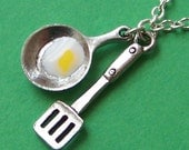Over Easy Fried Egg Charm Necklace with Tiny Skillet Mini Spatula and Silver Chain