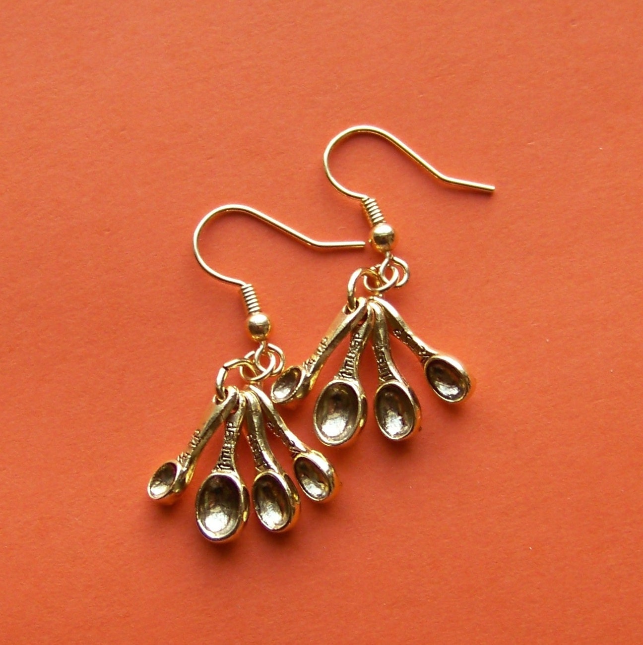 Gold Plated I Love to Cook and Bake Earrings with Tiny Measuring Spoons on Gold Plated Hooks