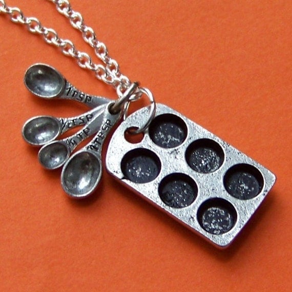 The Original Cupcake Lover Charm Necklace with Antiqued Pewter Baking Tin and Miniature Measuring Spoons and Silver Chain