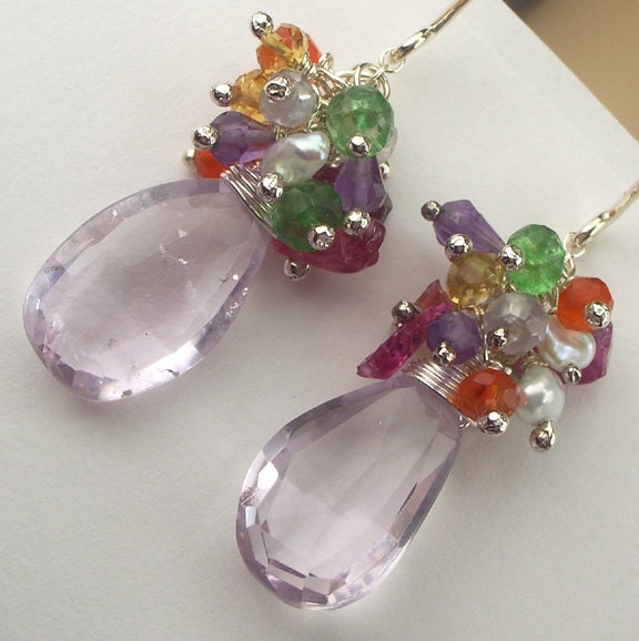 Lavender Amethyst Cluster Earrings Multicolor Gemstone Silver Wire Wrapped Spring Fashion -  Mandy