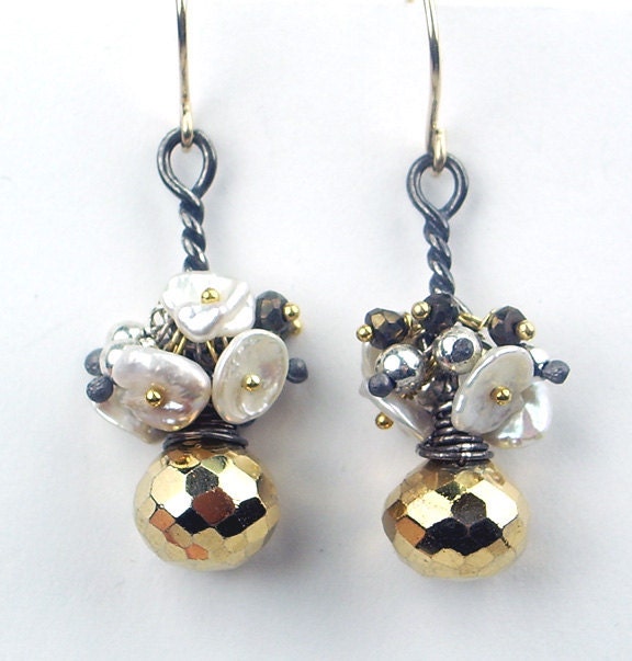 Gold Pyrite Cluster Earrings Petite Wire Wrapped Mixed Metal Keishi Pearl Dangle Earrings