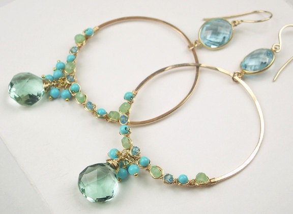 Wrapped Hoop Earrings Blue Green Gemstone 14kt Gold Filled Wire Wrap Blue Topaz Bezel Set Statement Hoop Earrings