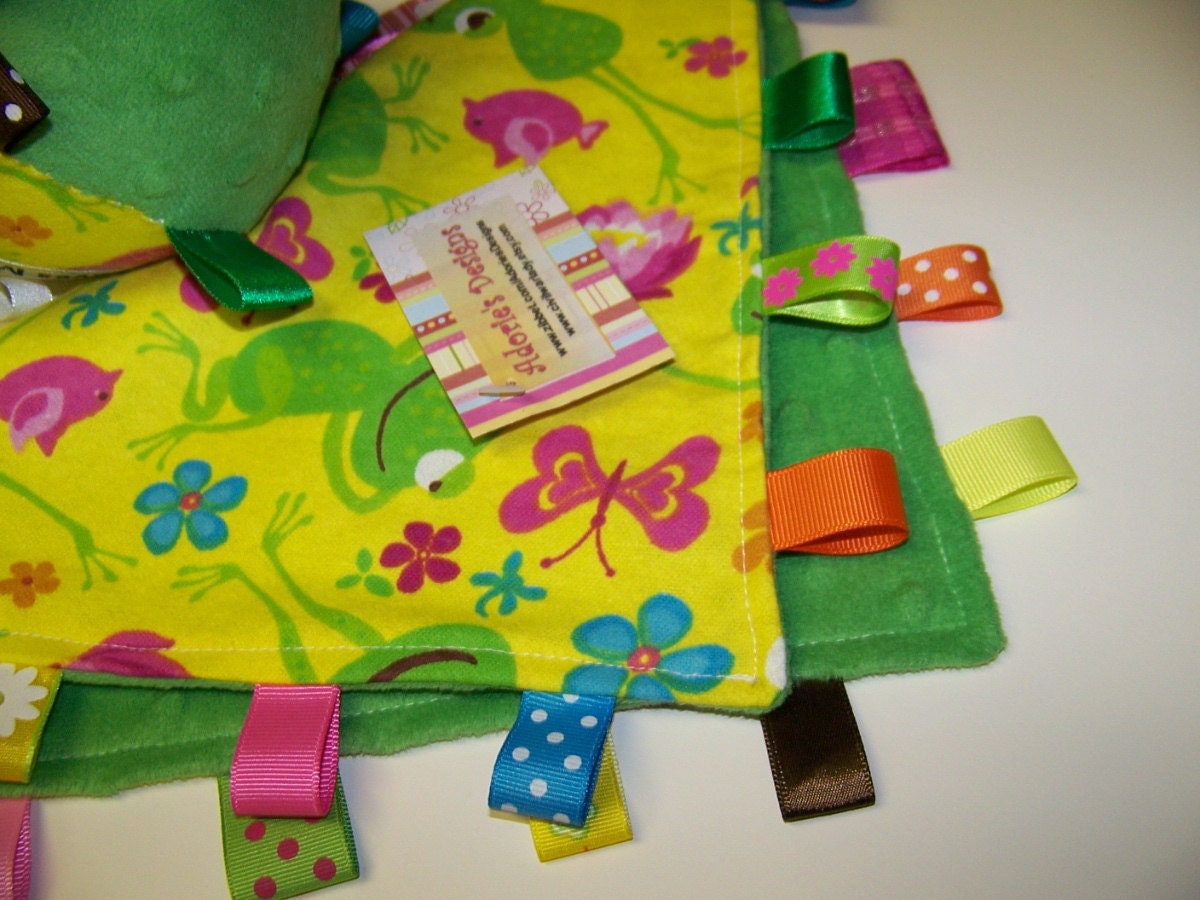 Taggie Ball with rattle & Minky Blanket Green,Frog,butterflies and flowers SALE, Great Easter Gifts