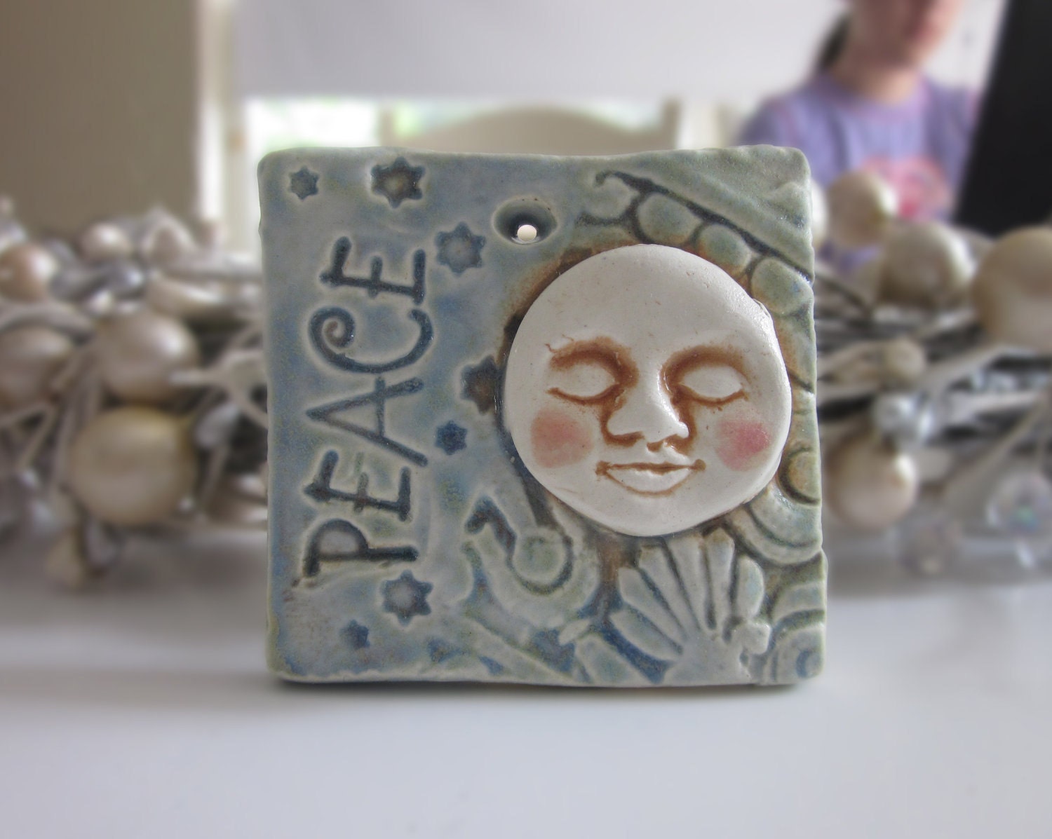 Peace Moon Christmas Ornament Tile Ceramic
