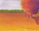 Tree in Orange Field-Original Watercolor Painting/Colored Pencil Drawing