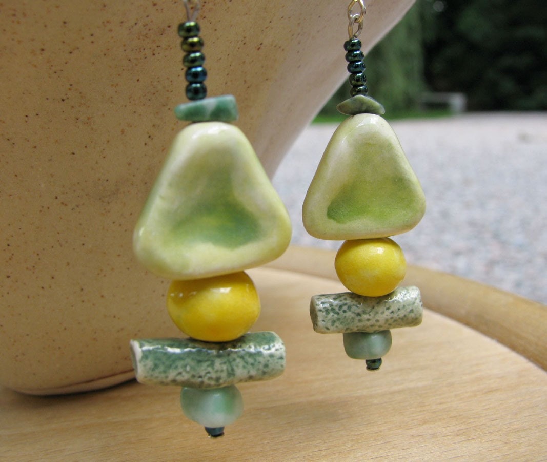 Green Forest Earrings Handmade Clay Beads