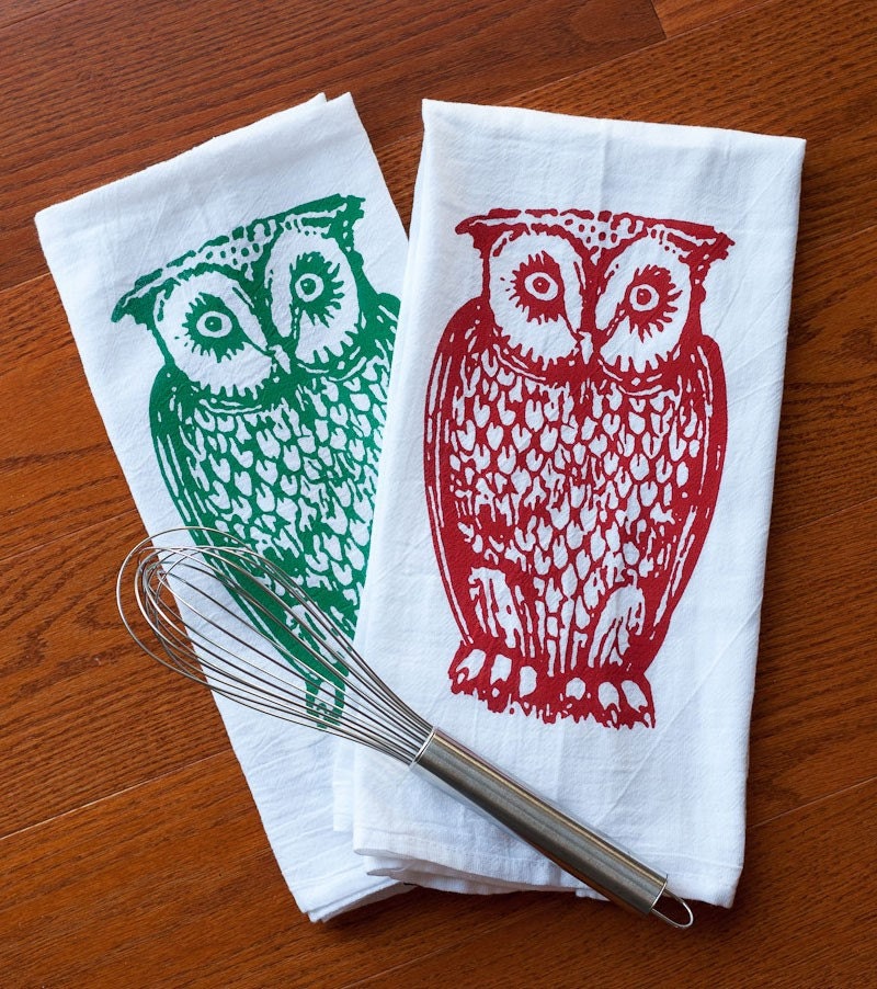 Owl Bar Tea Towel Set of Two, Hand Printed Owls, red-green-blue-black