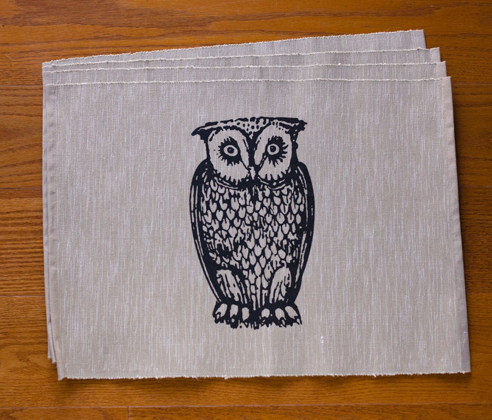 Owl Placemats Set of 4 Room Decor, Bird Kitchen Decoration, Hand Printed Owls