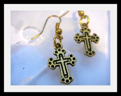Gold Cross Earrings God Jesus Trinity St. Olga Serbian Pierced