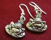 Frog Prince on Lily Pad Silver Dangle Earrings