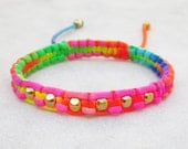 Rainbow friendship bracelet neon  beaded bracelet macrame gold beads bracelet stack jewelry