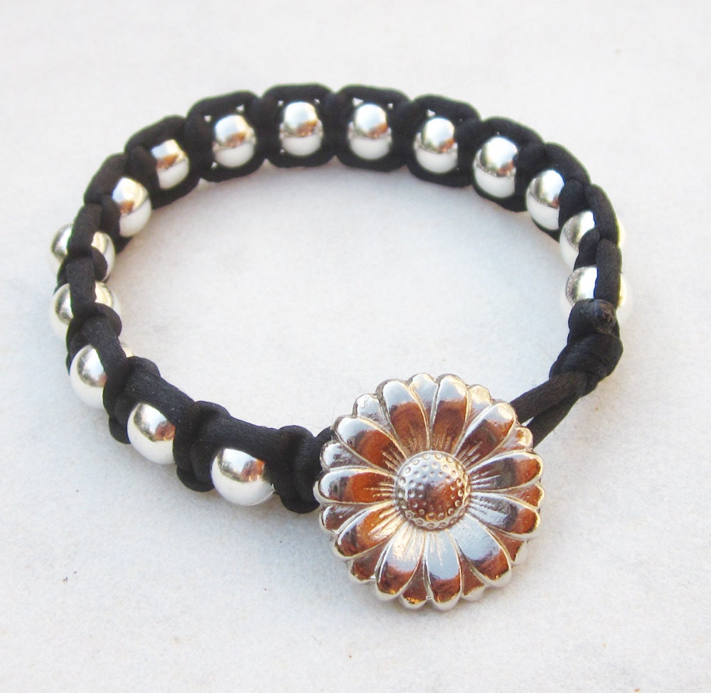 Flower friendship bracelet silver beads stack bracelet black wrap bracelet summer jewelry