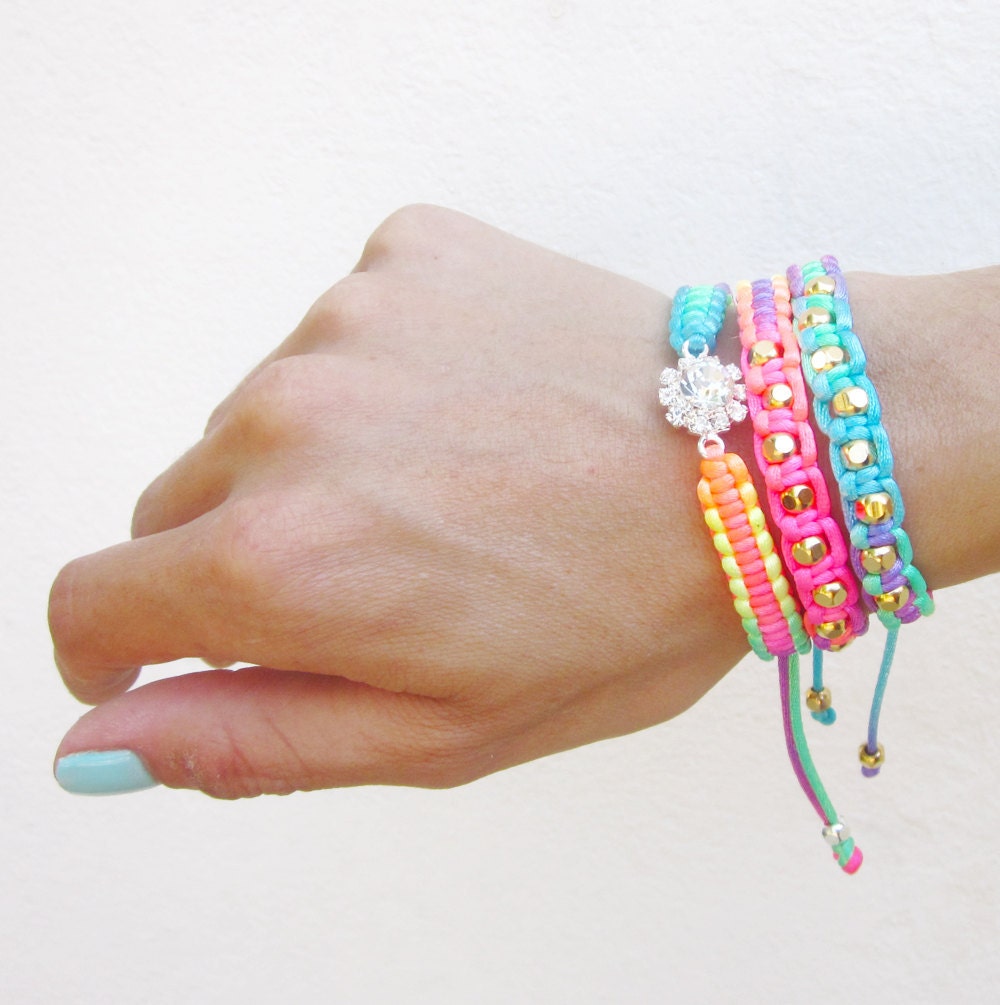 RAINBOW BRACELETS SET friendship bracelets neon bracelets macrame gold beads bracelets stackable  adjustable - Spring jewelry