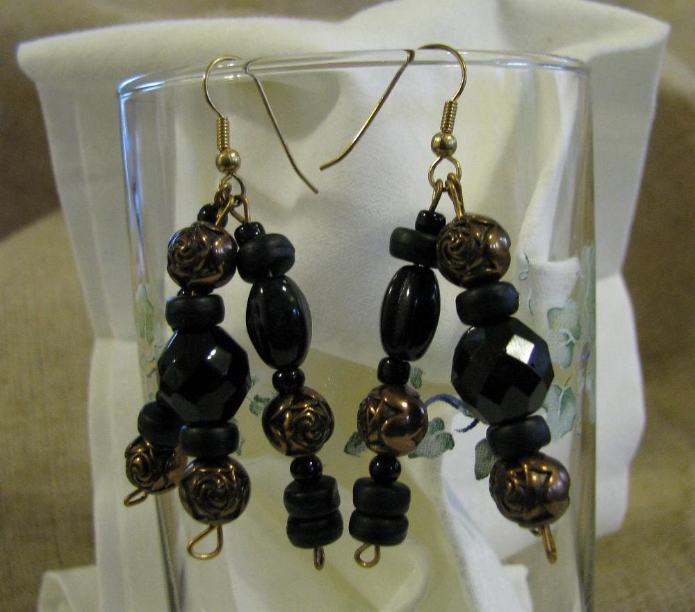 Gothic Black and Gold Beaded Earrings