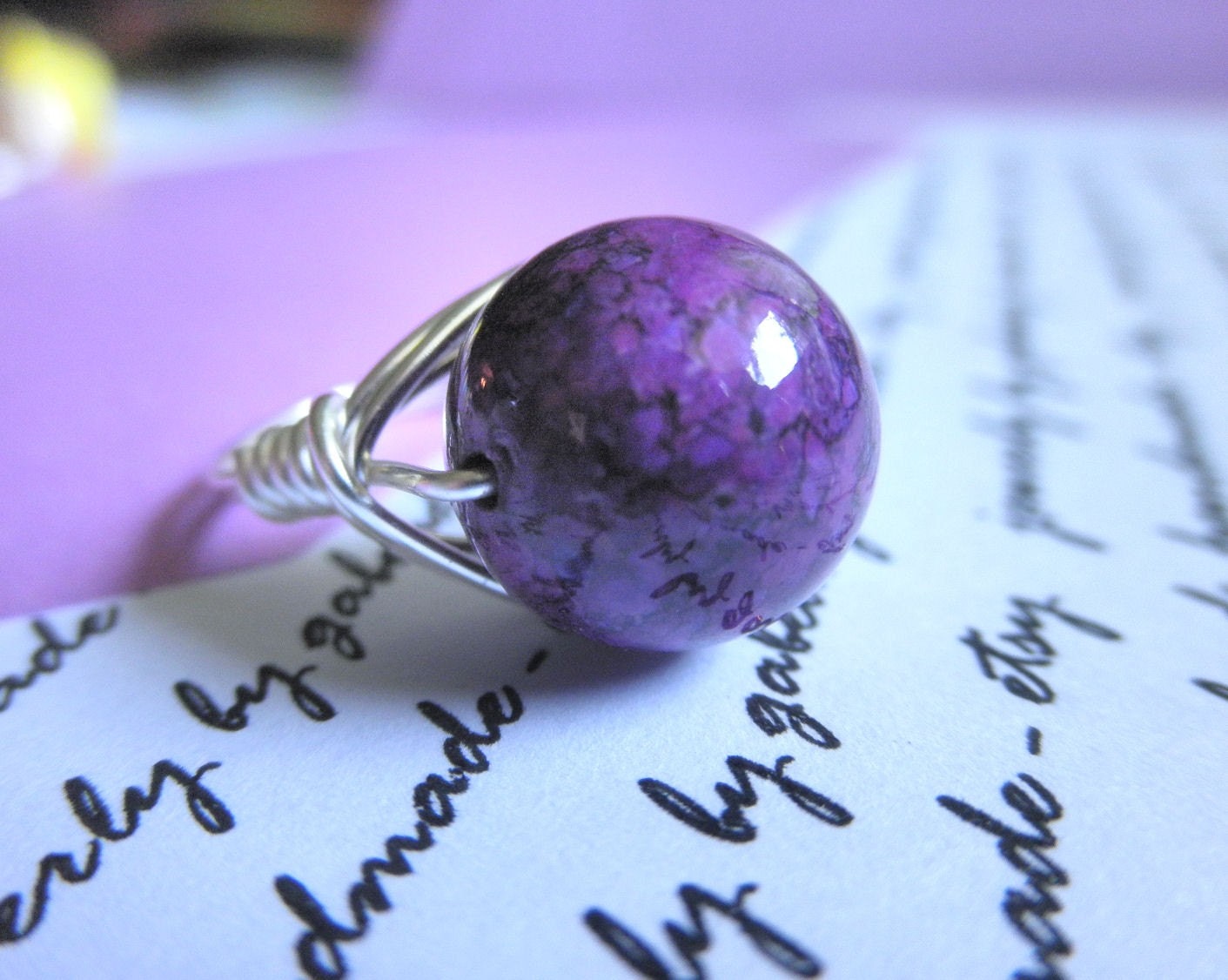 Purple/Violet FOSSIL RING size 5.75  - Wire Wrapped, Handmade, Silver, Lilac, Gemstone, Round, Custom Ring, Pretty, Simple - gabeadz