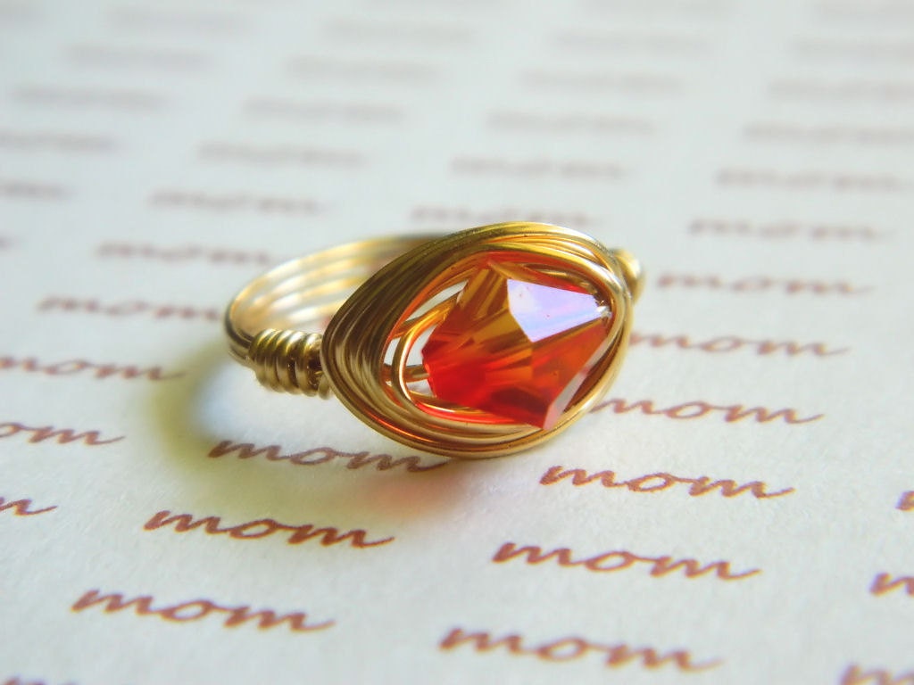 Wire Wrapped Ring - Size 7.25 -  Swarovski Crystals - Orange, Fire, Sun, Copper, Silver, Bright,  Night,