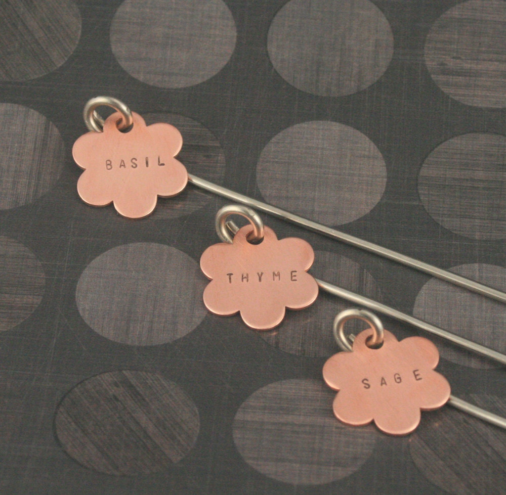 Set of 3 Flower Power Garden Stakes--Copper and Nikel Custom Stamped Herb or Plant Markers