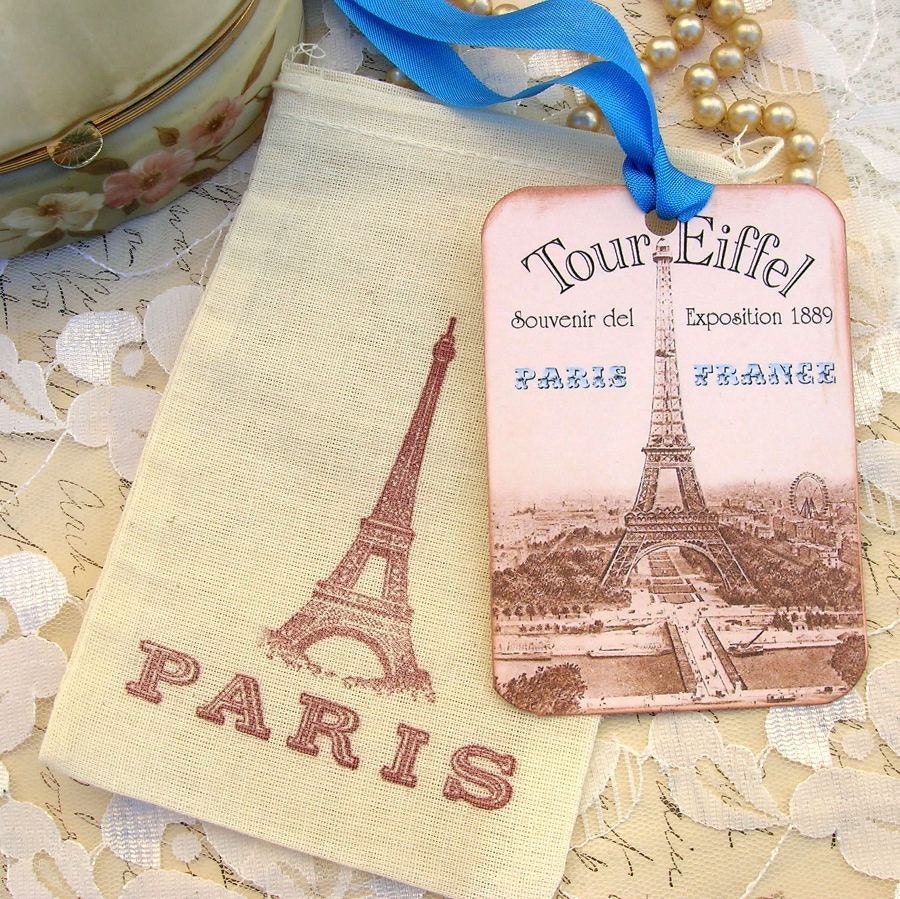 Tags Gift Hang  Paris Tour Eiffel Tower Vintage Set of 6 -Stamped Paris Muslin Bag Tea Party Bridal Shower Handmade by Enchanted Quilling