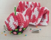 Wash Cloths, Dish Cloths, Cotton - Pink Bright and White - Crocheted 3 Piece Set "Sugar Rush"