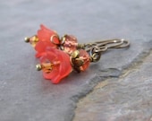 Ruby Red Tulip Flower Drop Earrings -Victorian Inspired, Shabby Chic, Lucite and Brass