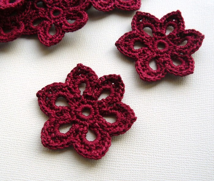 3 Crochet Flower Appliques -- 2 inch Diameter, in Burgundy - CaitlinSainio