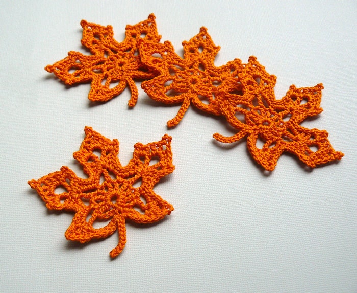 4 Orange Leaf Appliques -- Crochet Maple Leaves - CaitlinSainio