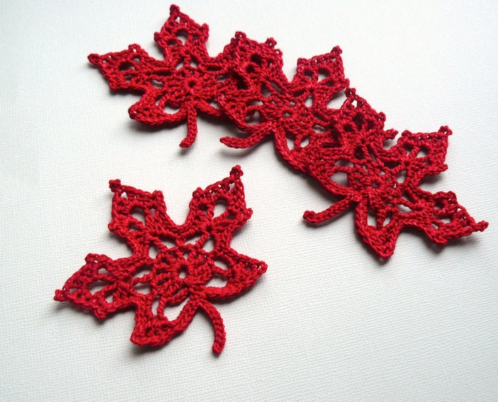 4 Crochet Leaf Appliques -- Red Maple Leaves
