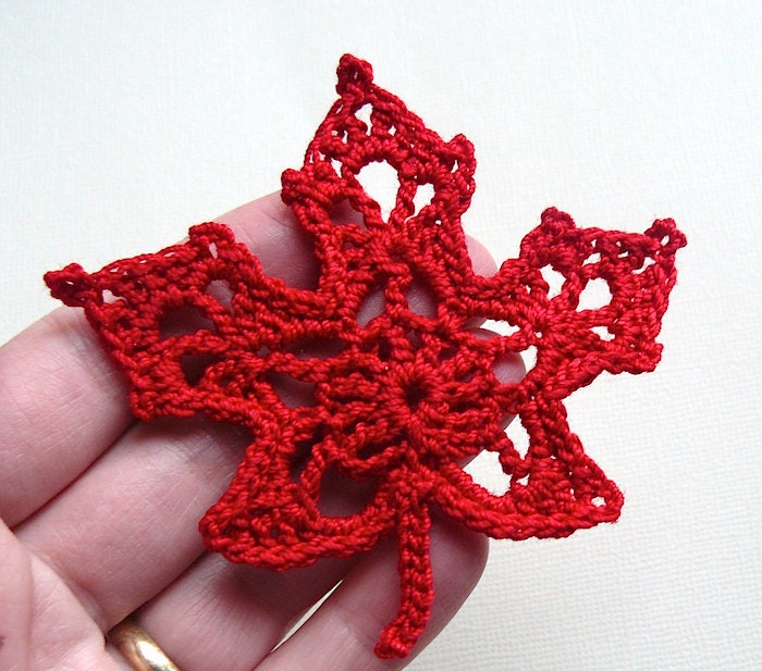 4 Crochet Leaf Appliques -- Red Maple Leaves