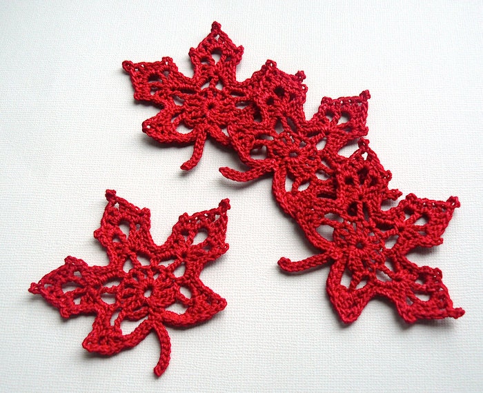 4 Crochet Leaf Appliques -- Red Maple Leaves