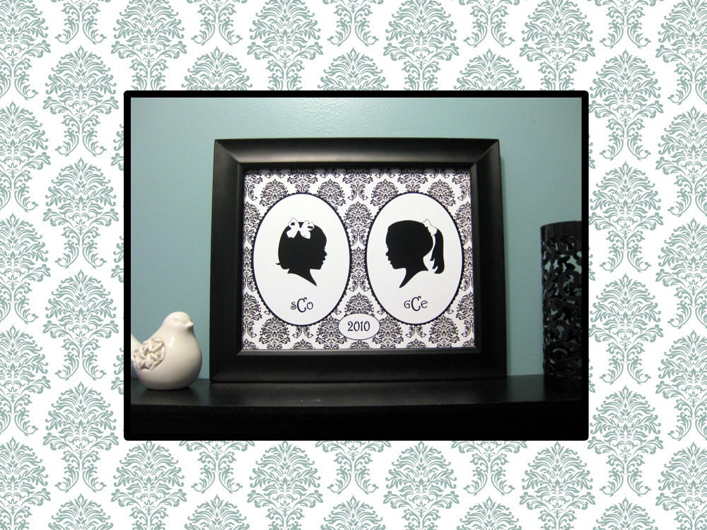 Two Custom Silhouette Portraits in One Unframed 11x14 Art Print