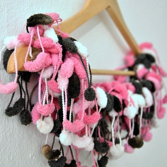 Rose Bonbon curly mulberry crochet scarf in coffee brown honeysuckle pink white