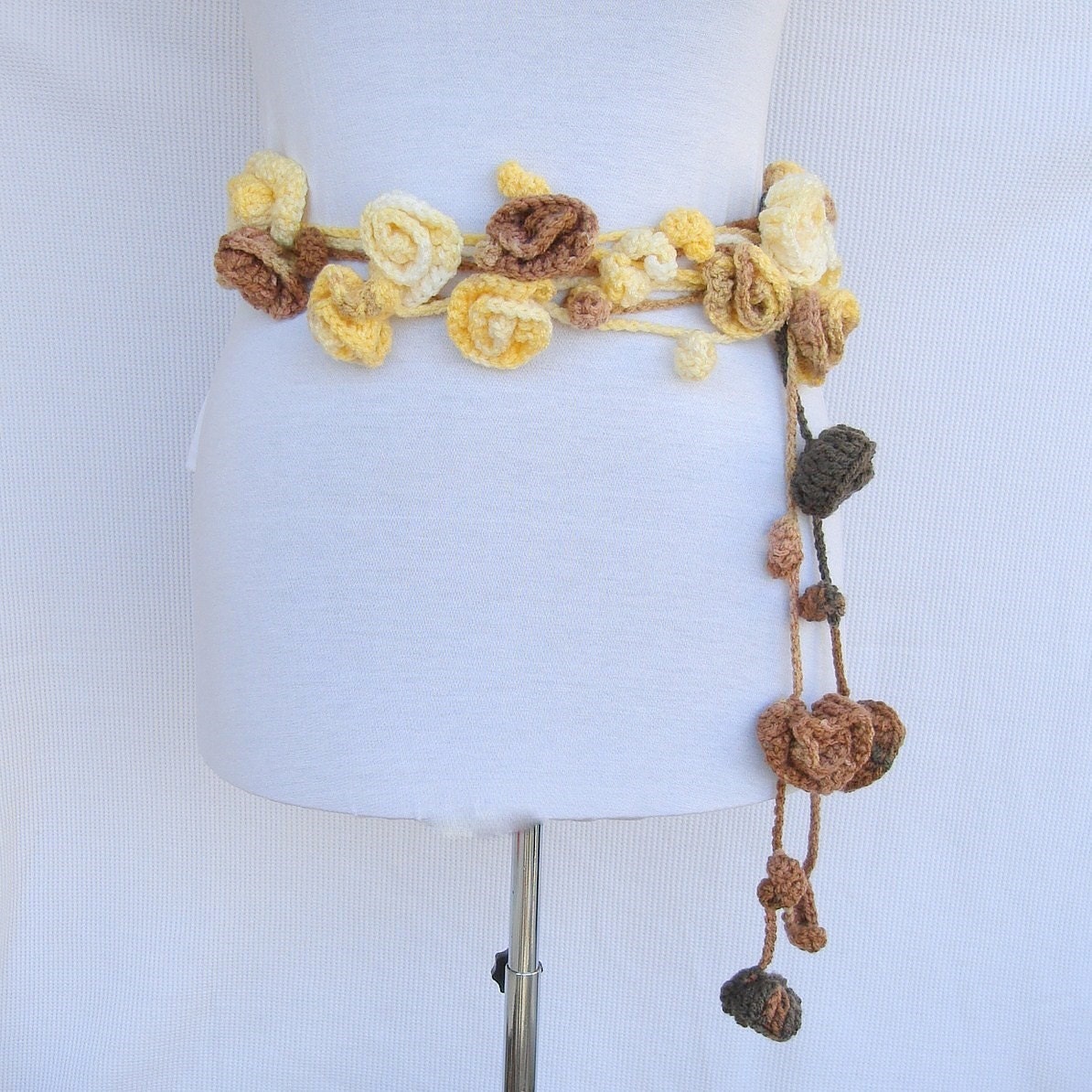 WAS 40...Turkish Roses and leaves lariat, belt, necklace ... Brown , tan , khaki , yellow ,white , mustard autumn colors