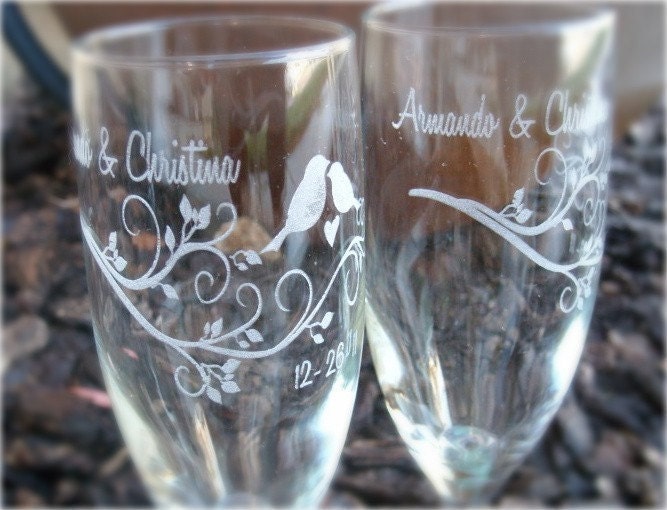 Modern Lovebirds- Engraved Wedding Glass Toasting Flutes