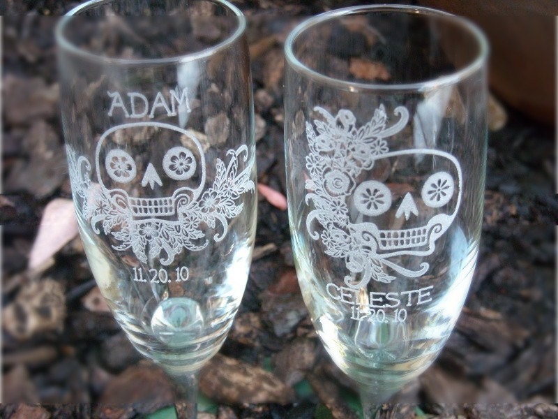 Sugar Skulls- Engraved Wedding Glass Toasting Flutes