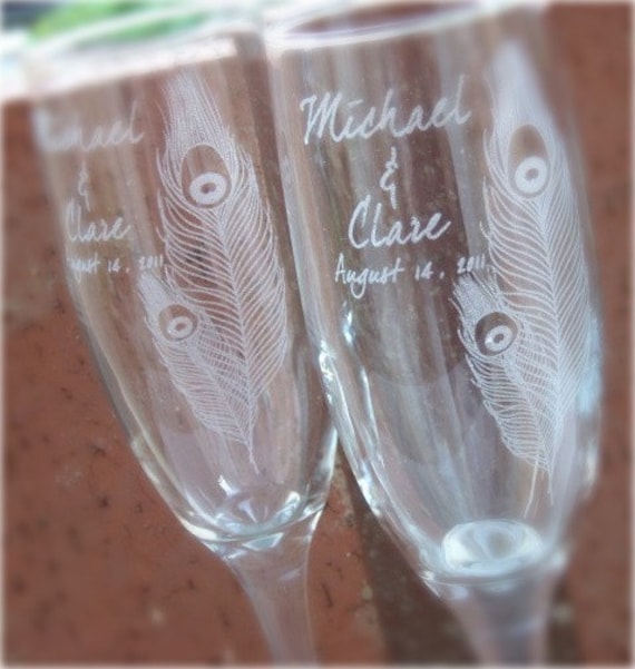 Peacock Feather- Engraved Wedding Glass Toasting Flutes