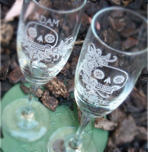 Sugar Skulls- Engraved Wedding Glass Toasting Flutes