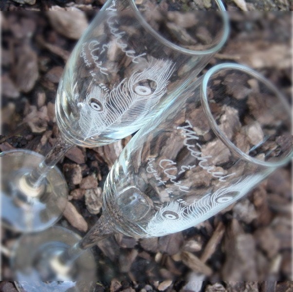 Peacock Feather- Engraved Wedding Glass Toasting Flutes